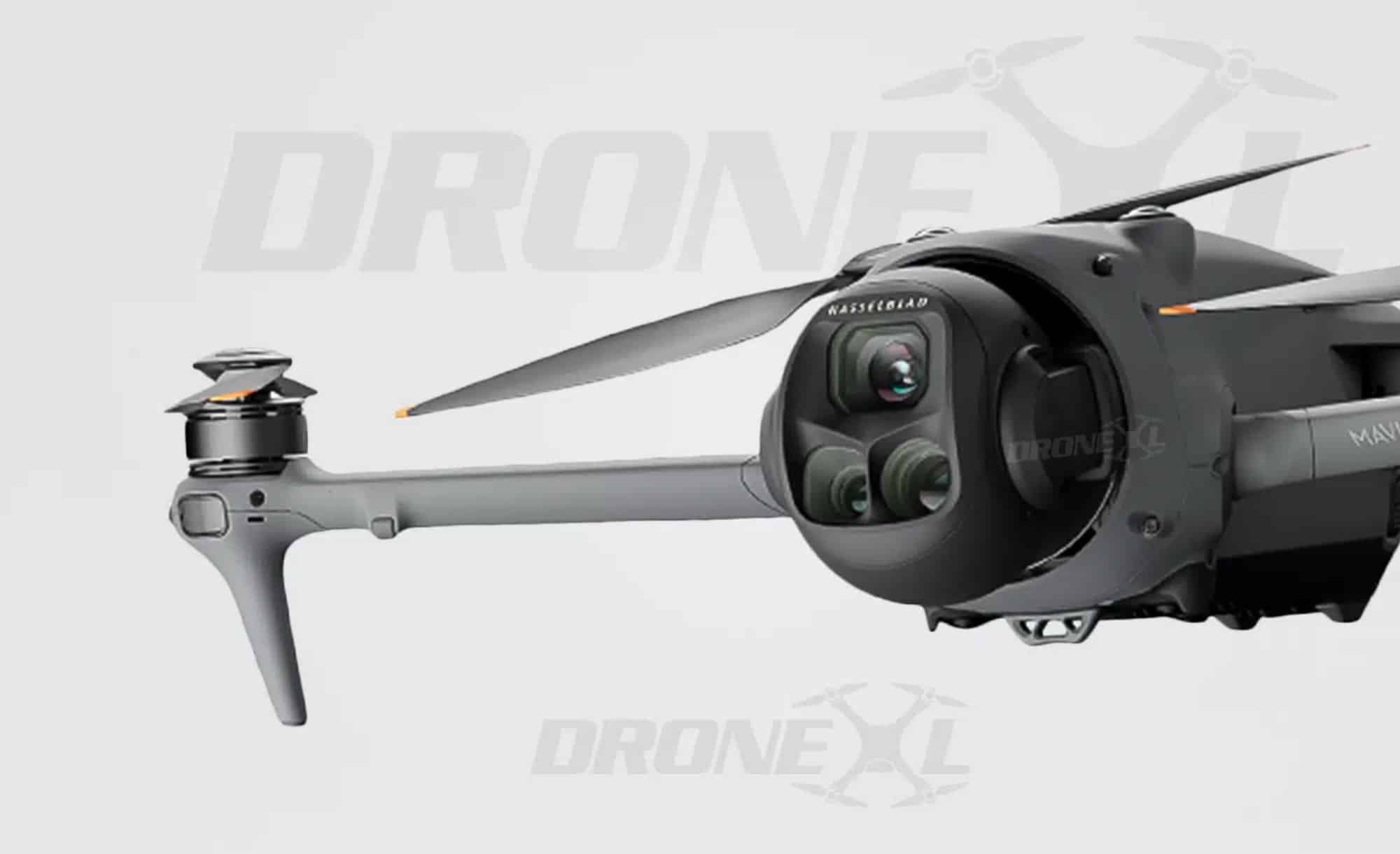 Studio render of the triple-lens gimbal drone on a plain watermarked backdrop.