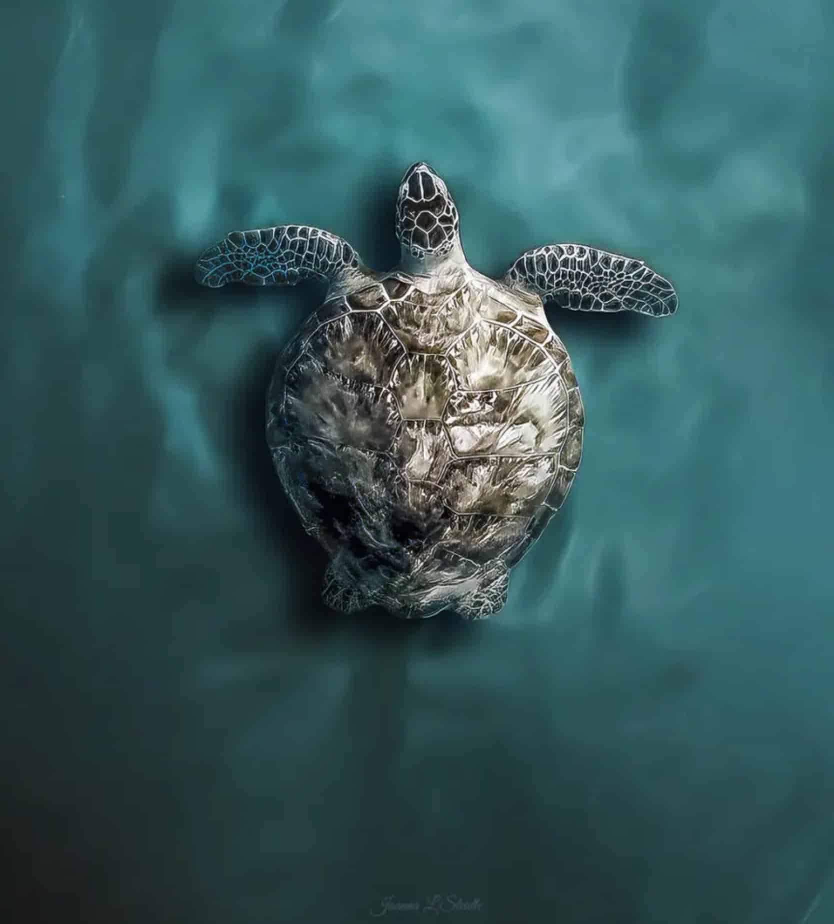 Overhead drone shot of a sea turtle gliding through shallow turquoise water.