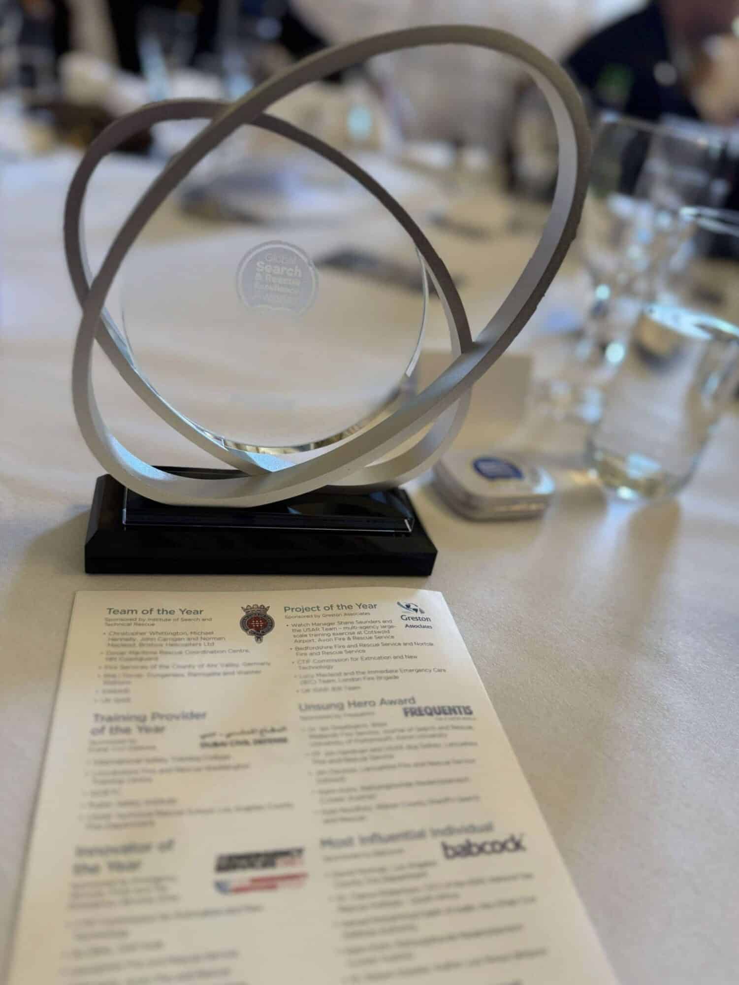 Close-up of the ring-shaped trophy on a table beside the printed programme.