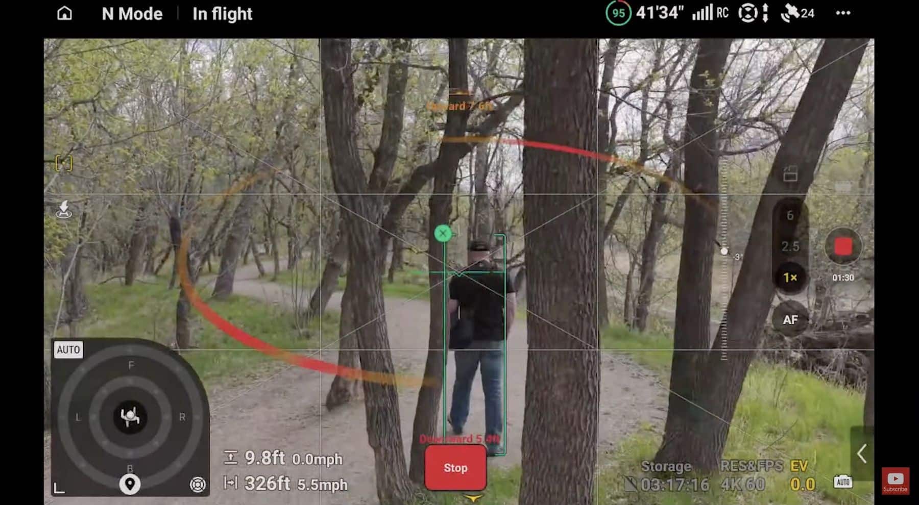 Screenshot of the DJI Fly flight interface during a low pass among bare trees.