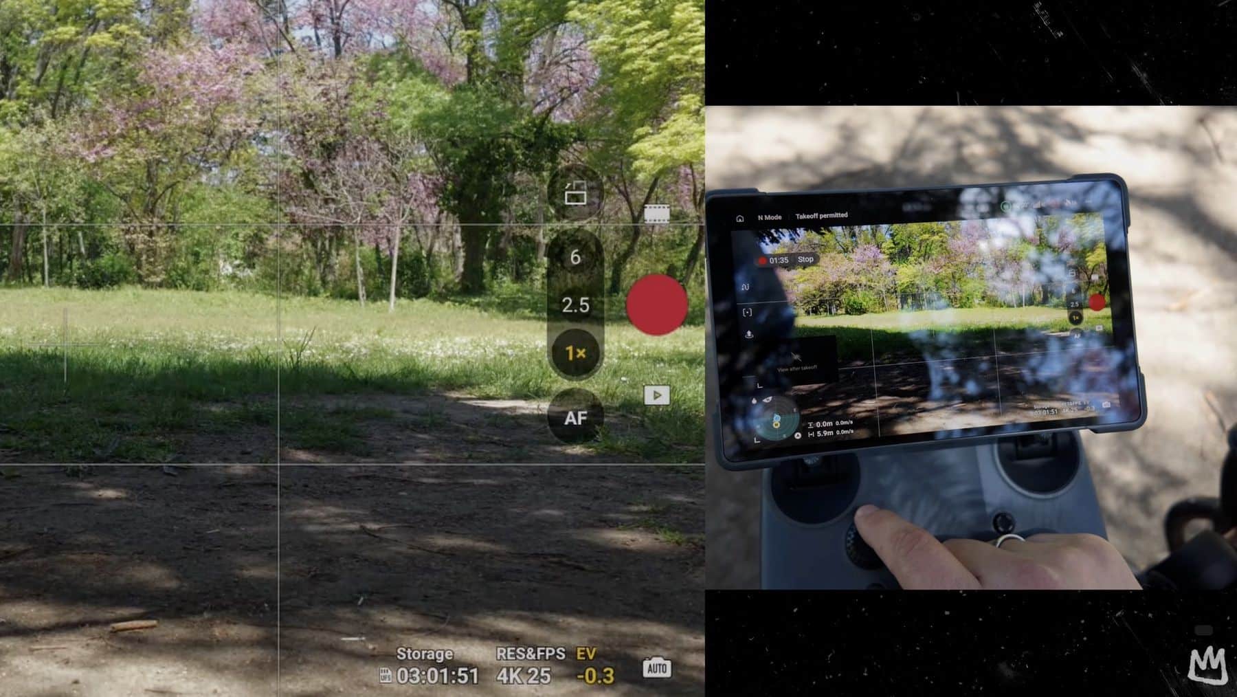 Vertical park footage next to the controller being rotated in the pilot hands.