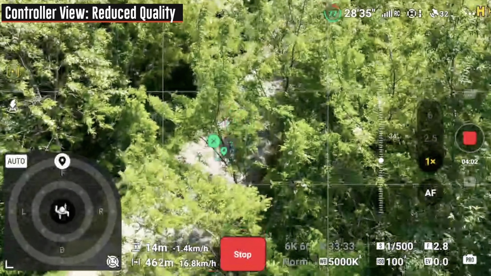 Controller view buried in dense green foliage as the tracked subject slips out of frame.