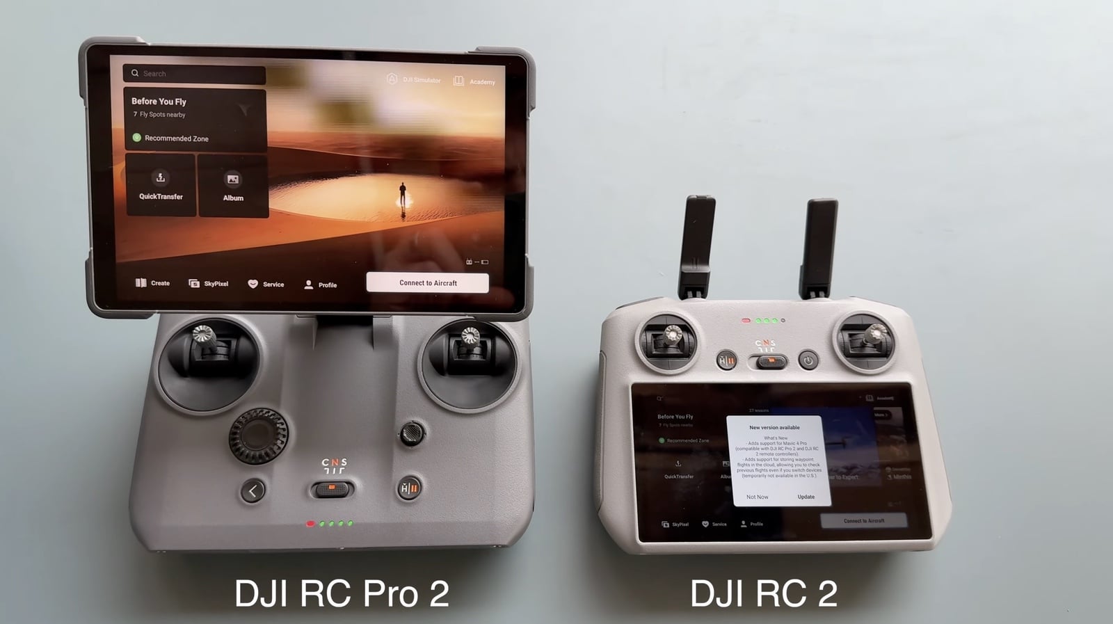 The DJI RC Pro 2 and DJI RC 2 controllers sit side by side, labeled.