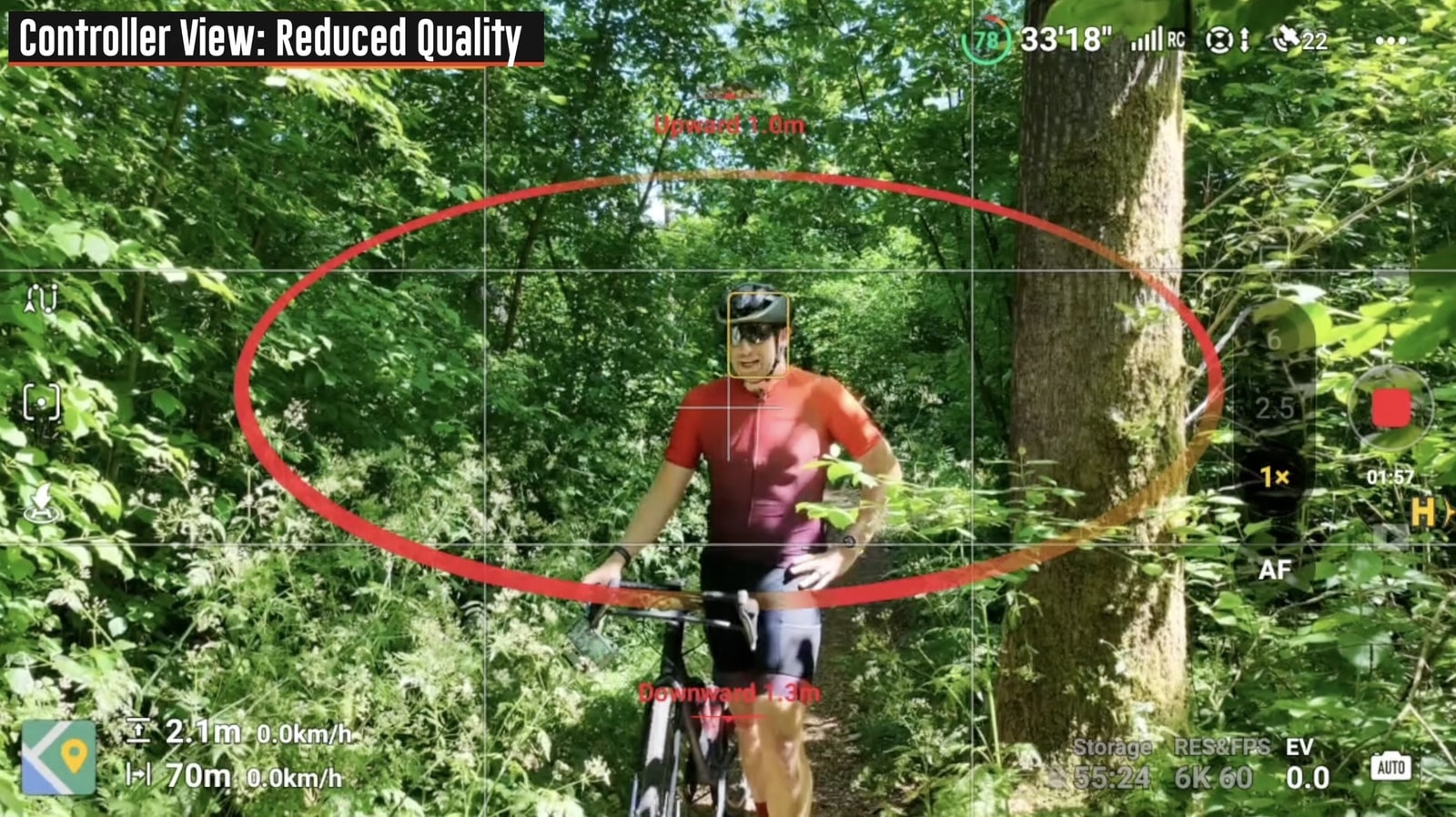 A red circle marks the cyclist standing beside a tree on the controller feed.
