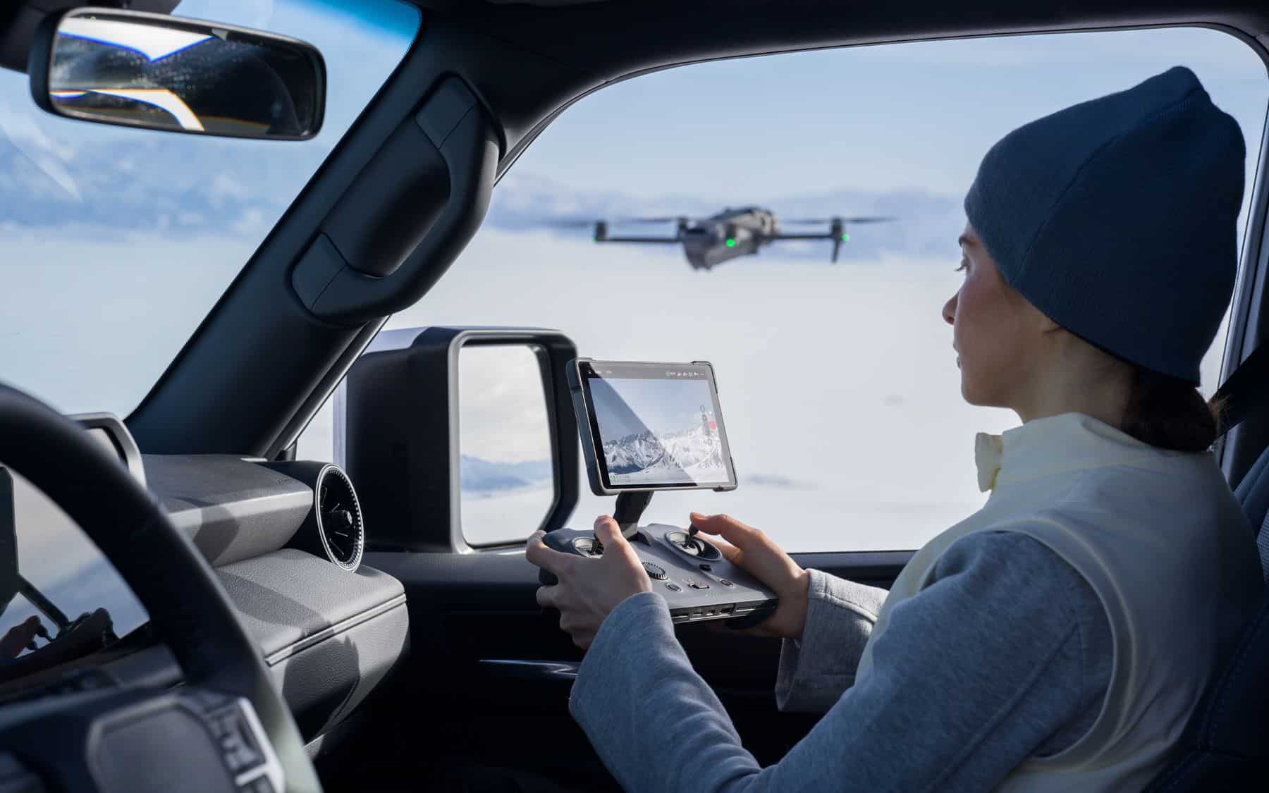 Flying the Mavic 4 Pro from inside a vehicle to film a moving car.