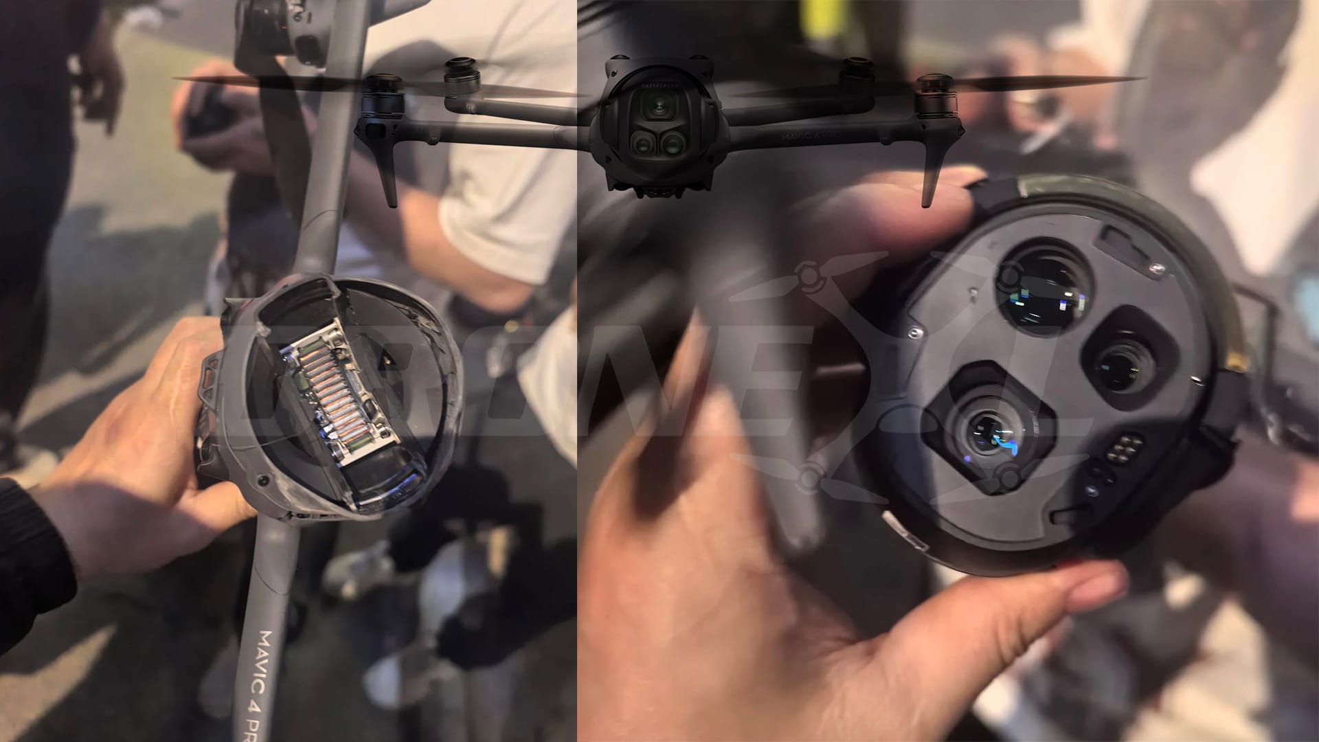 Two leaked frames show hands removing a DJI Mavic 4 Pro triple-camera gimbal.