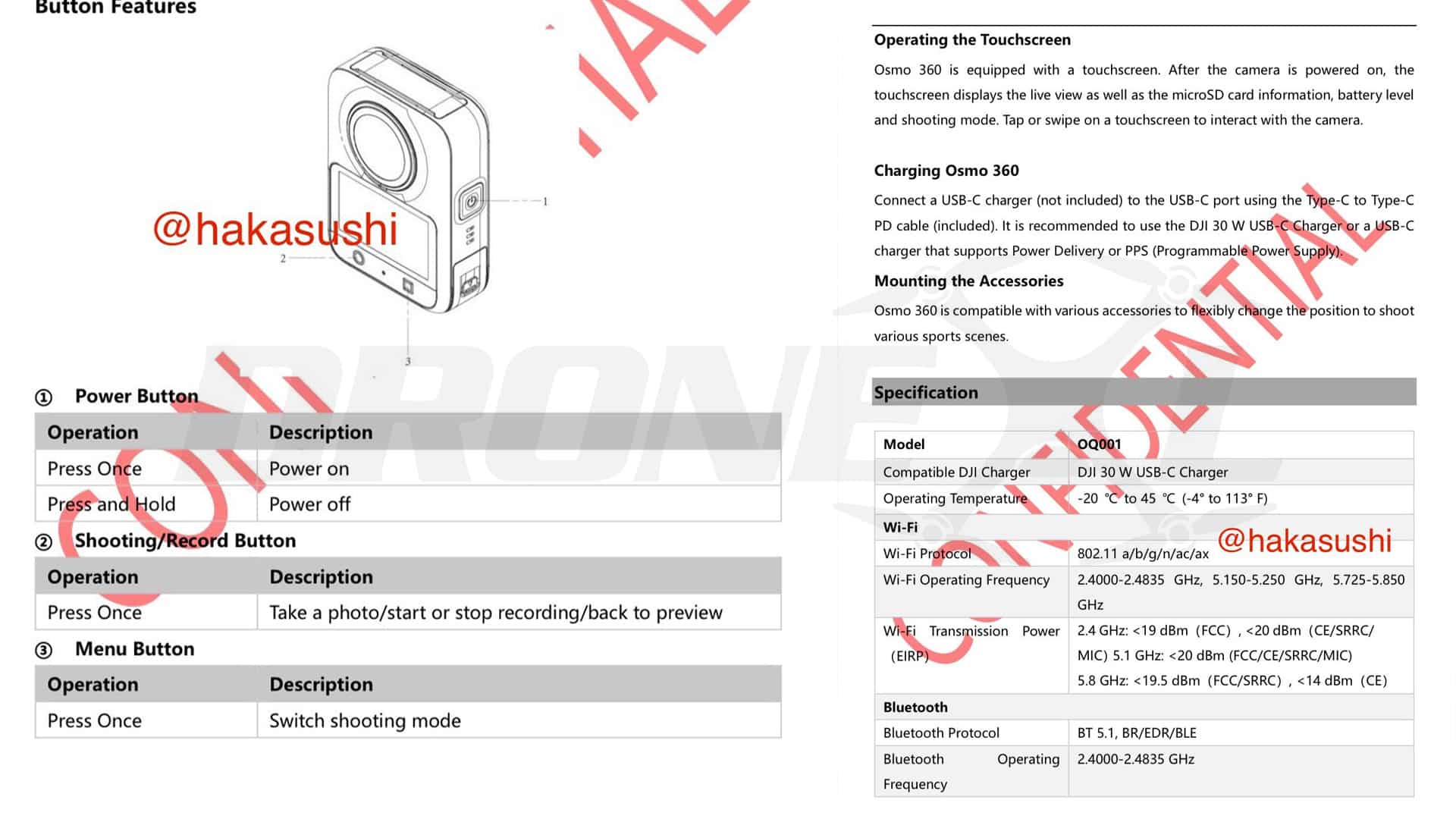 Leaked manual pages listing button functions and wireless specs under a leaker watermark.