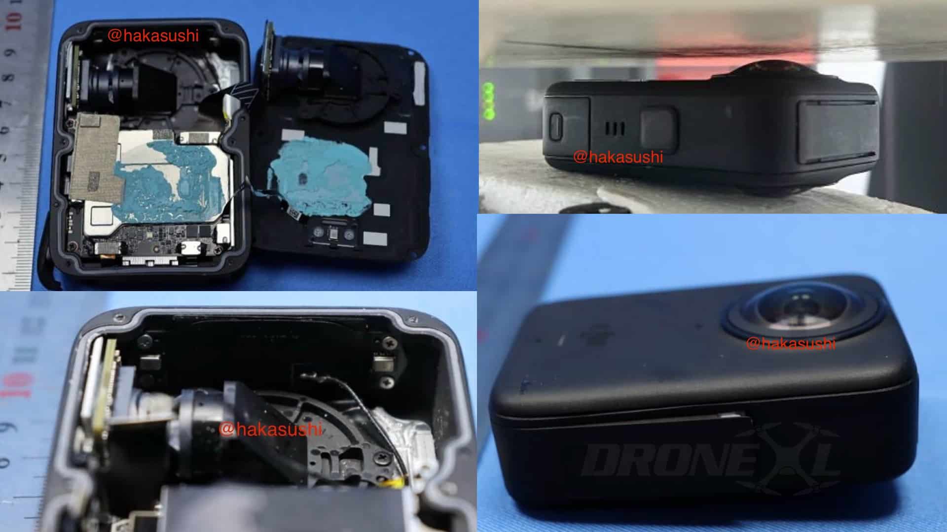 The DJI Osmo 360 at the FCC test bench. Showing a Insta360 like design inside.