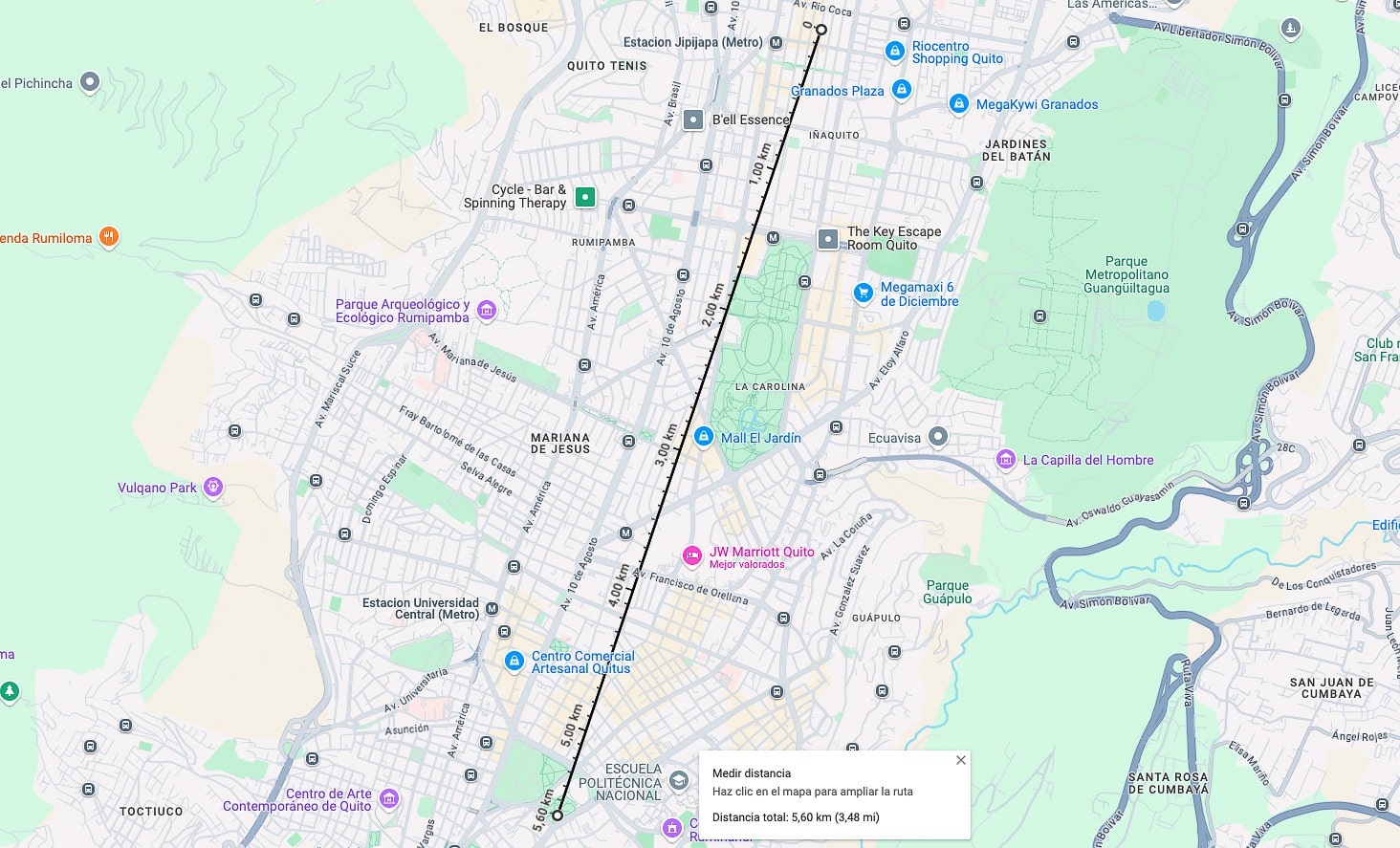 A mapping tool measures a straight 3.48-mile (5.6-kilometer) line across Quito.