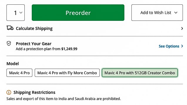 Retailer preorder page warning that sales to India and Saudi Arabia are prohibited.