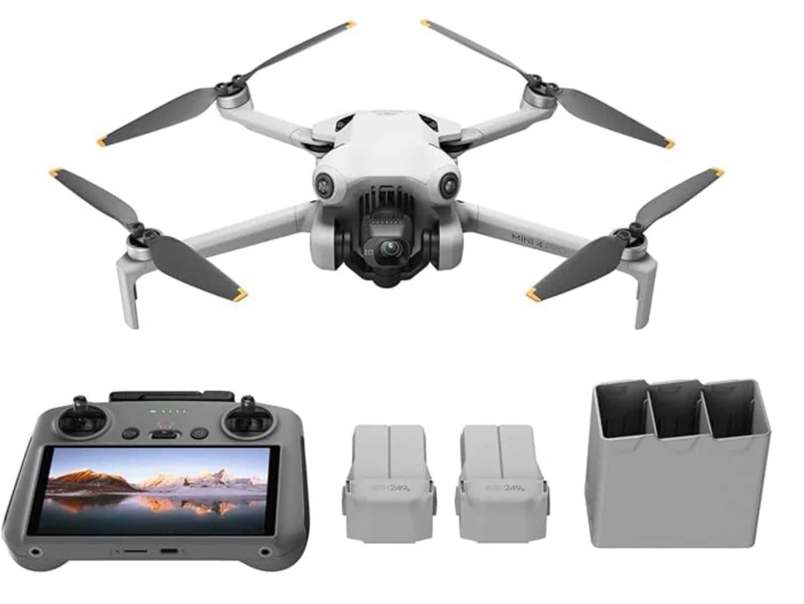 Product render of the drone with controller, two batteries and a charging hub.