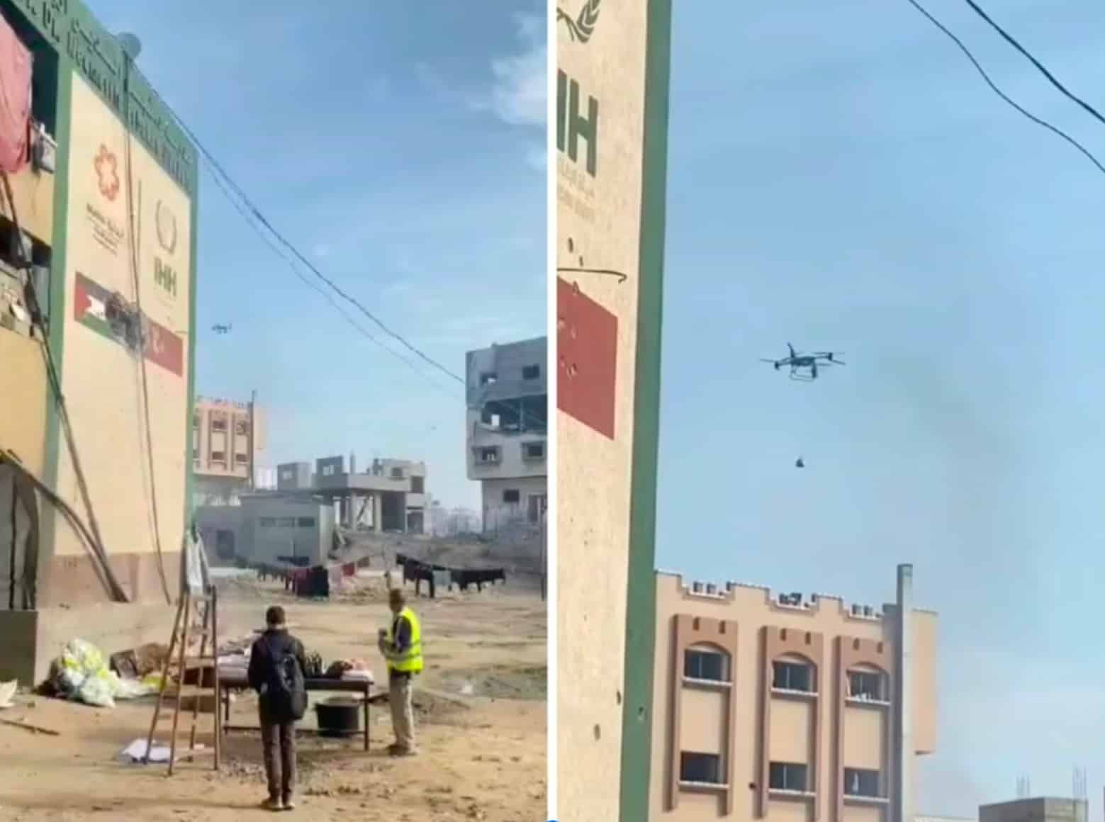 Split frame of a drone above a rubble-strewn street and one releasing an object.