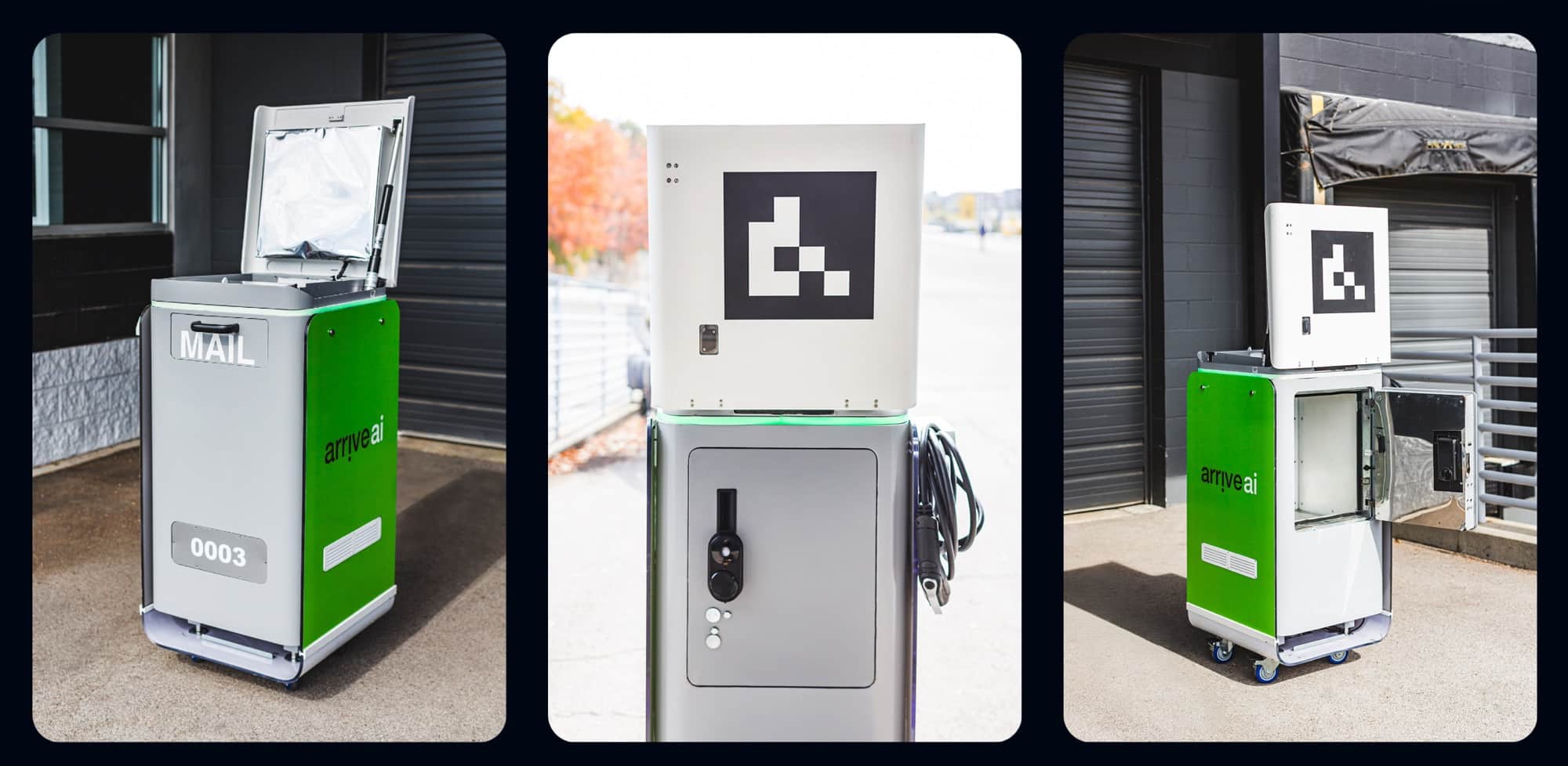 Three views of the white and green Arrive AI delivery mailbox units.