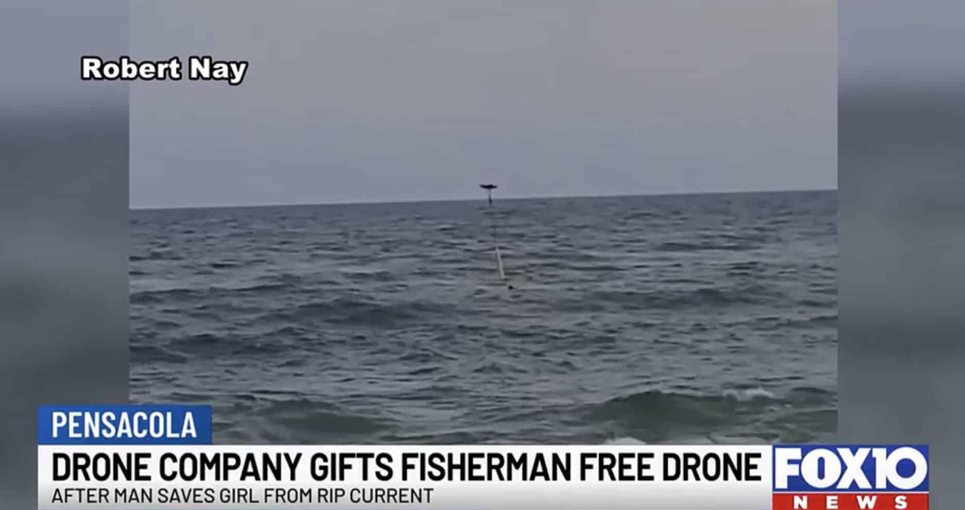 News frame of a drone hovering over choppy Pensacola surf with a chyron.