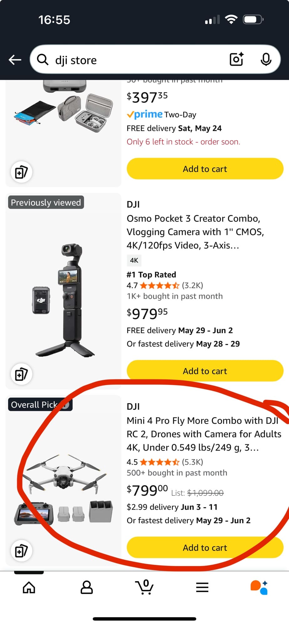 Phone screenshot of the Amazon listing with the combo circled in red at $799.