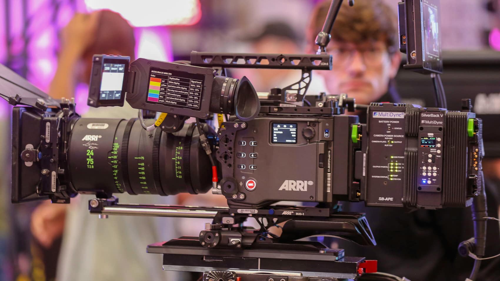Rigged ARRI cinema camera with monitors and matte box on a lit set.