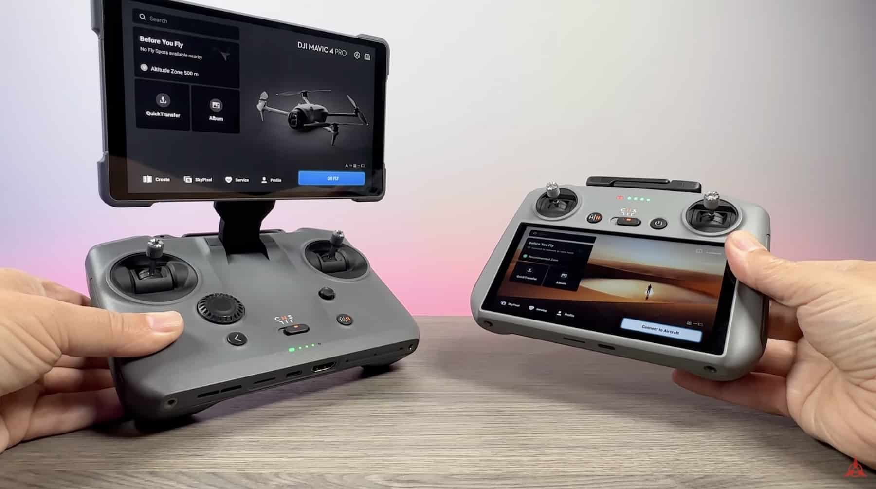 Two DJI smart controllers held side by side in front of a preflight checklist screen.