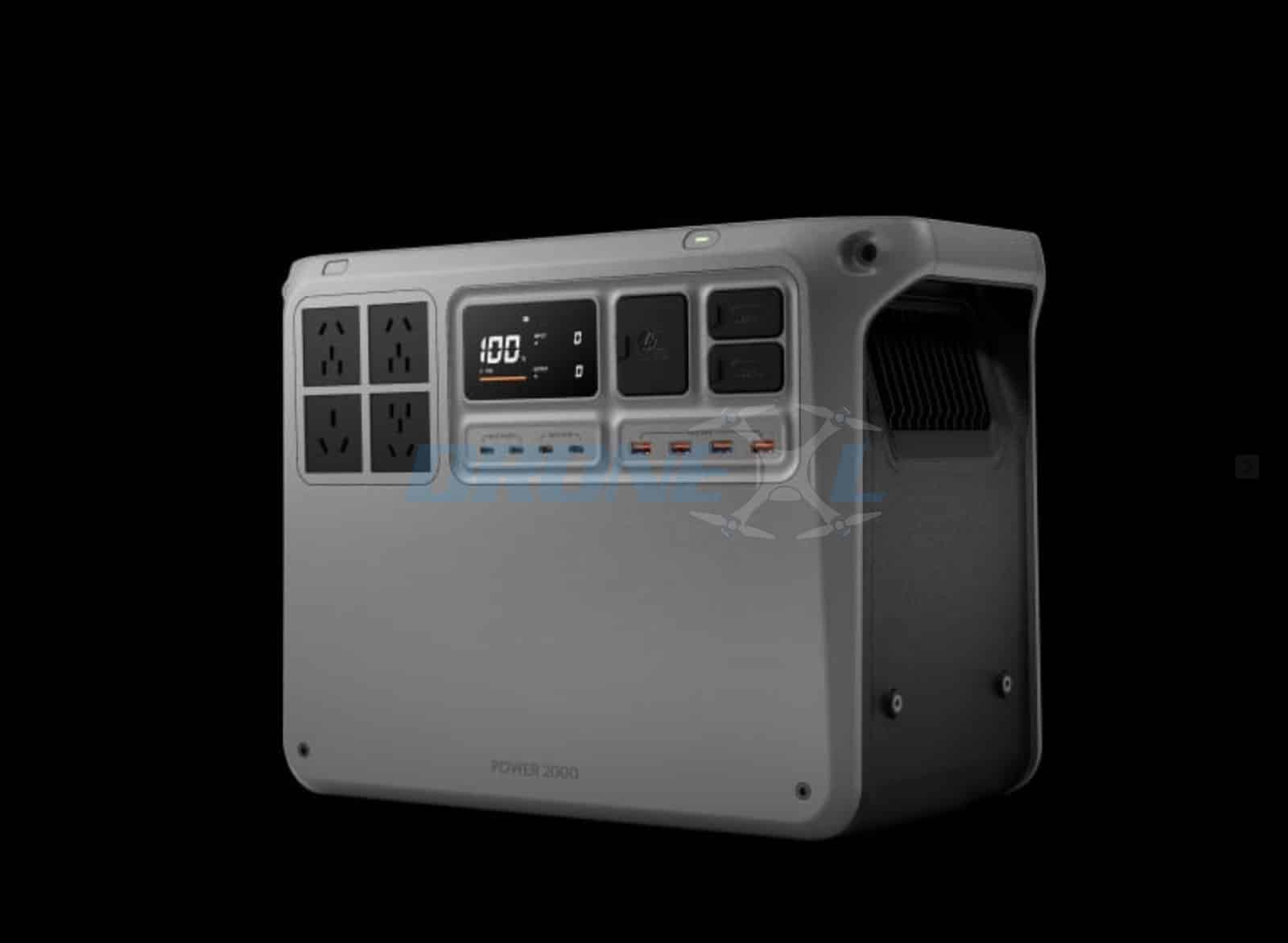 DJI Power 2000 portable power station rendered against a black background.