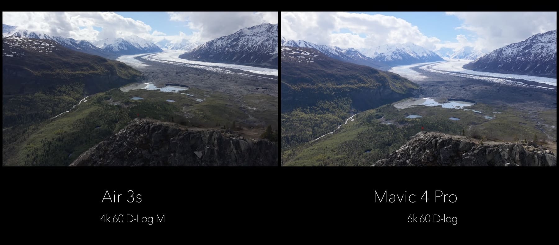 Side-by-side glacier valley shots labelled 4K 60 D-Log M and 6K 60 D-Log.