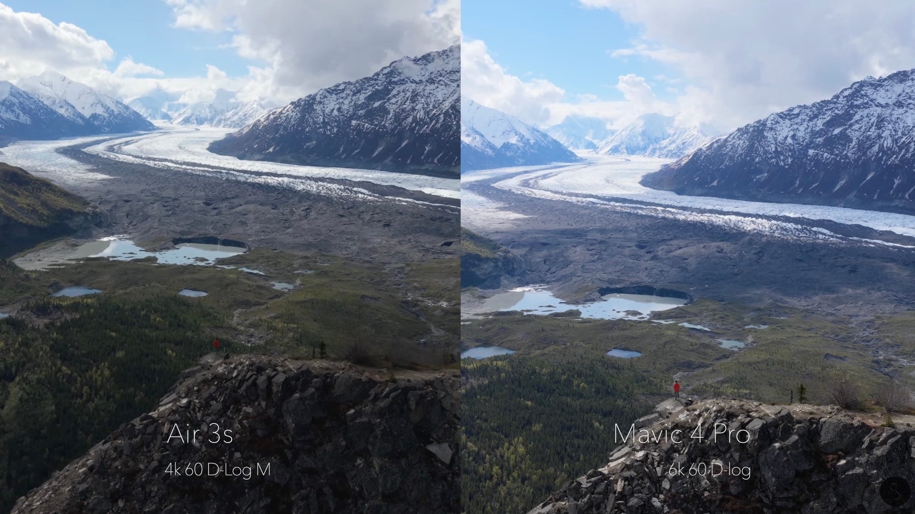 Split view of a braided glacial river comparing both drones' colour rendering.