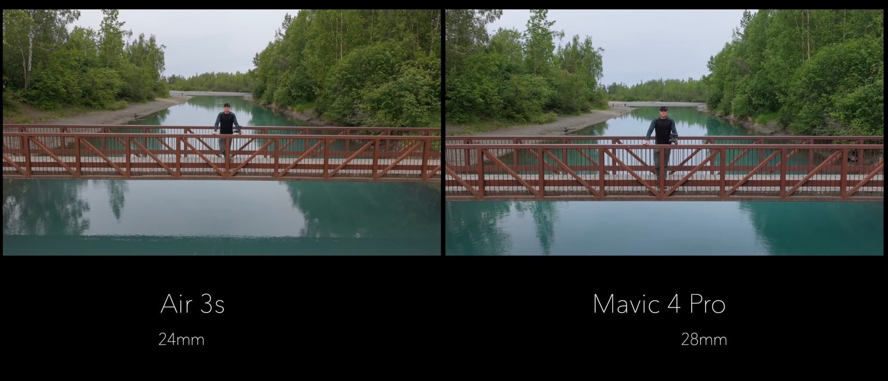 Split frame of a red footbridge over teal water, 24mm framing beside 28mm.