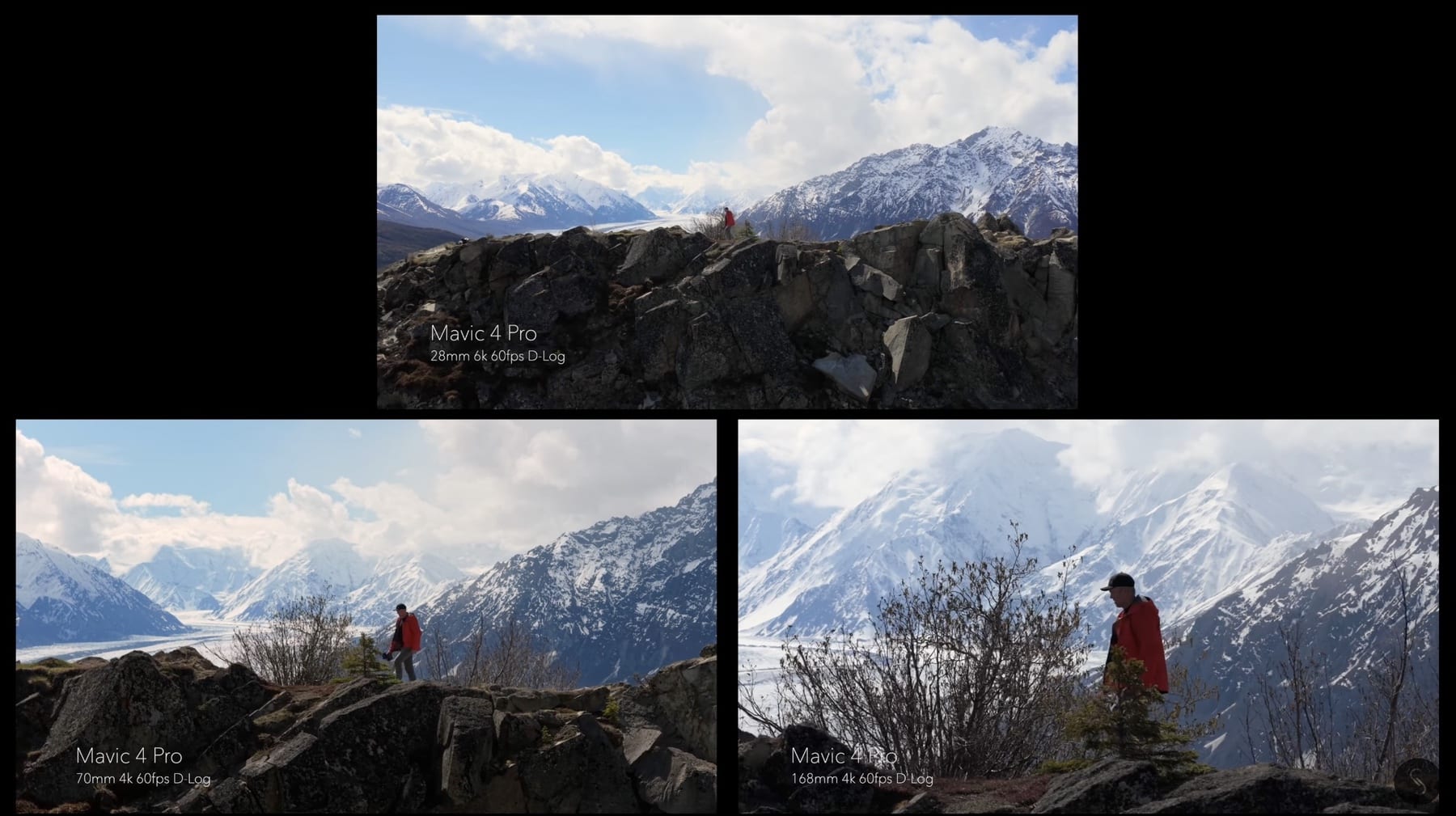 Three stacked frames of the same ridge at 28mm, 70mm and 168mm.