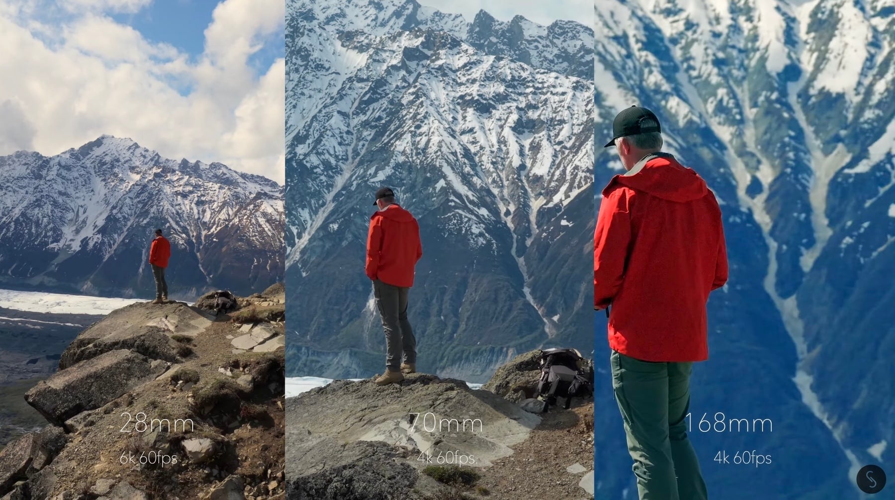 Triptych of a hiker in a red jacket framed at three different focal lengths.