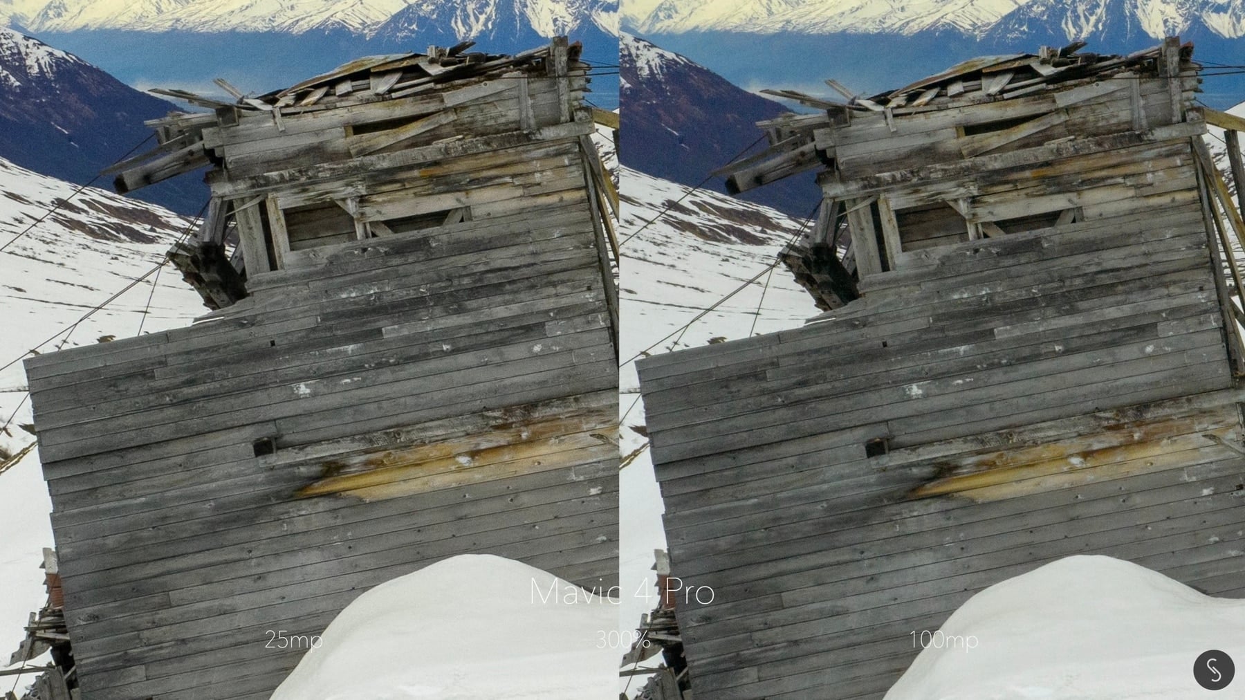A collapsing timber cabin enlarged 300 percent, 25 megapixels beside 100 megapixels.