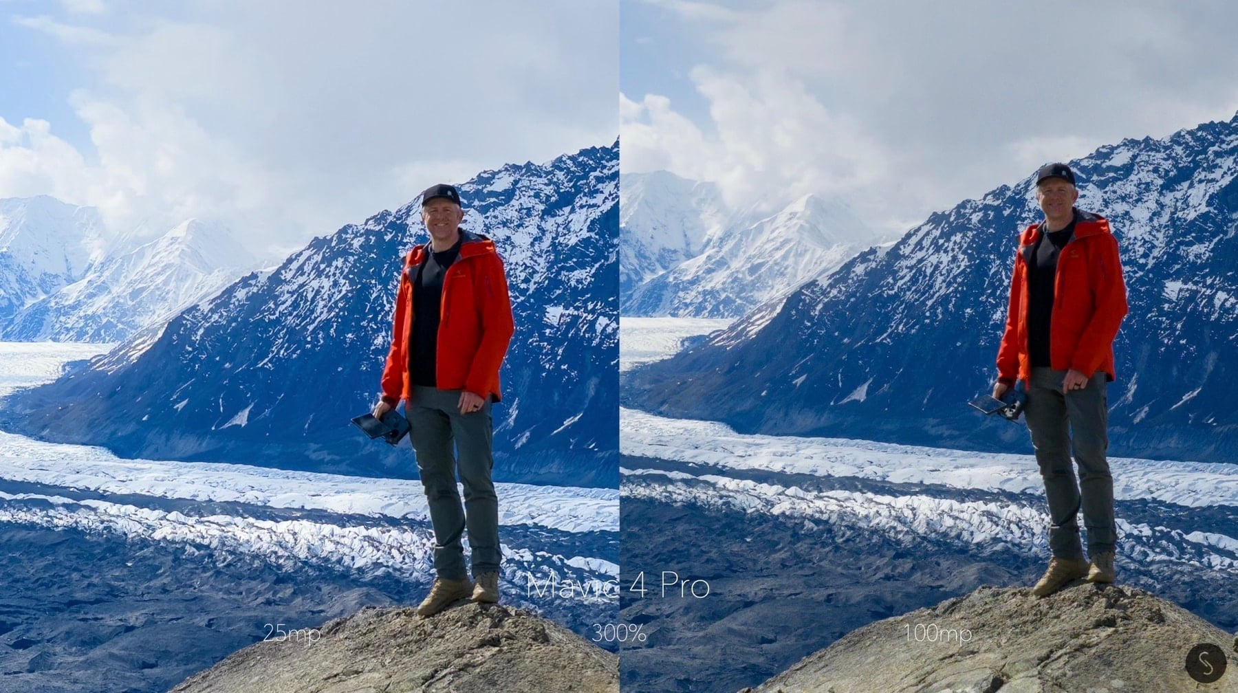 Split frame of a hiker on a boulder before a blue glacier.