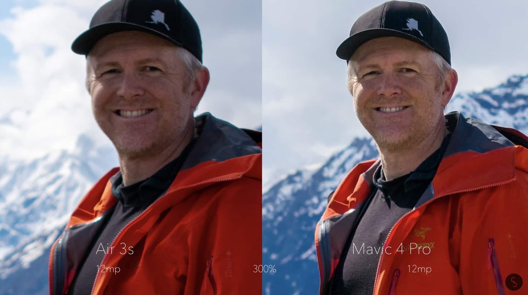 Two 12-megapixel crops of the reviewer's face enlarged side by side.