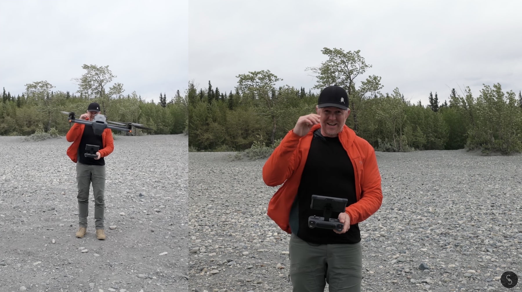Split image of the reviewer carrying the drone, then gesturing beside a gravel riverbed.