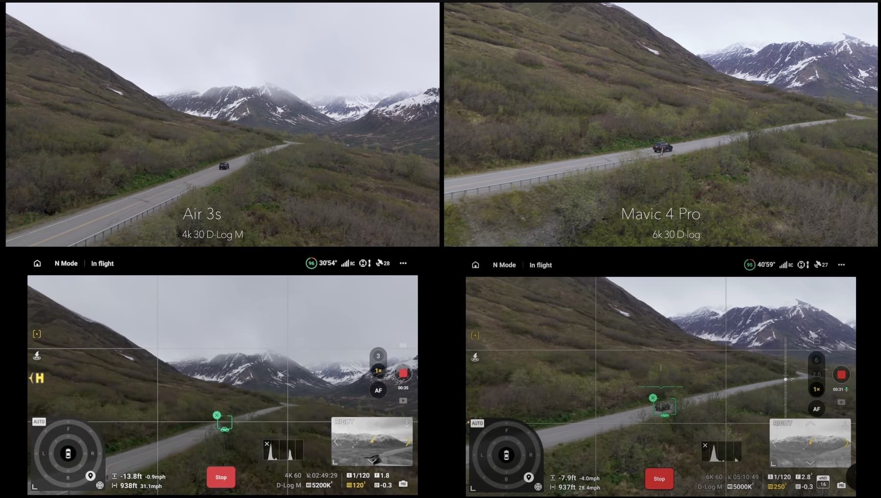 Matched aerials of a mountain highway above the two drones' flight app screens.