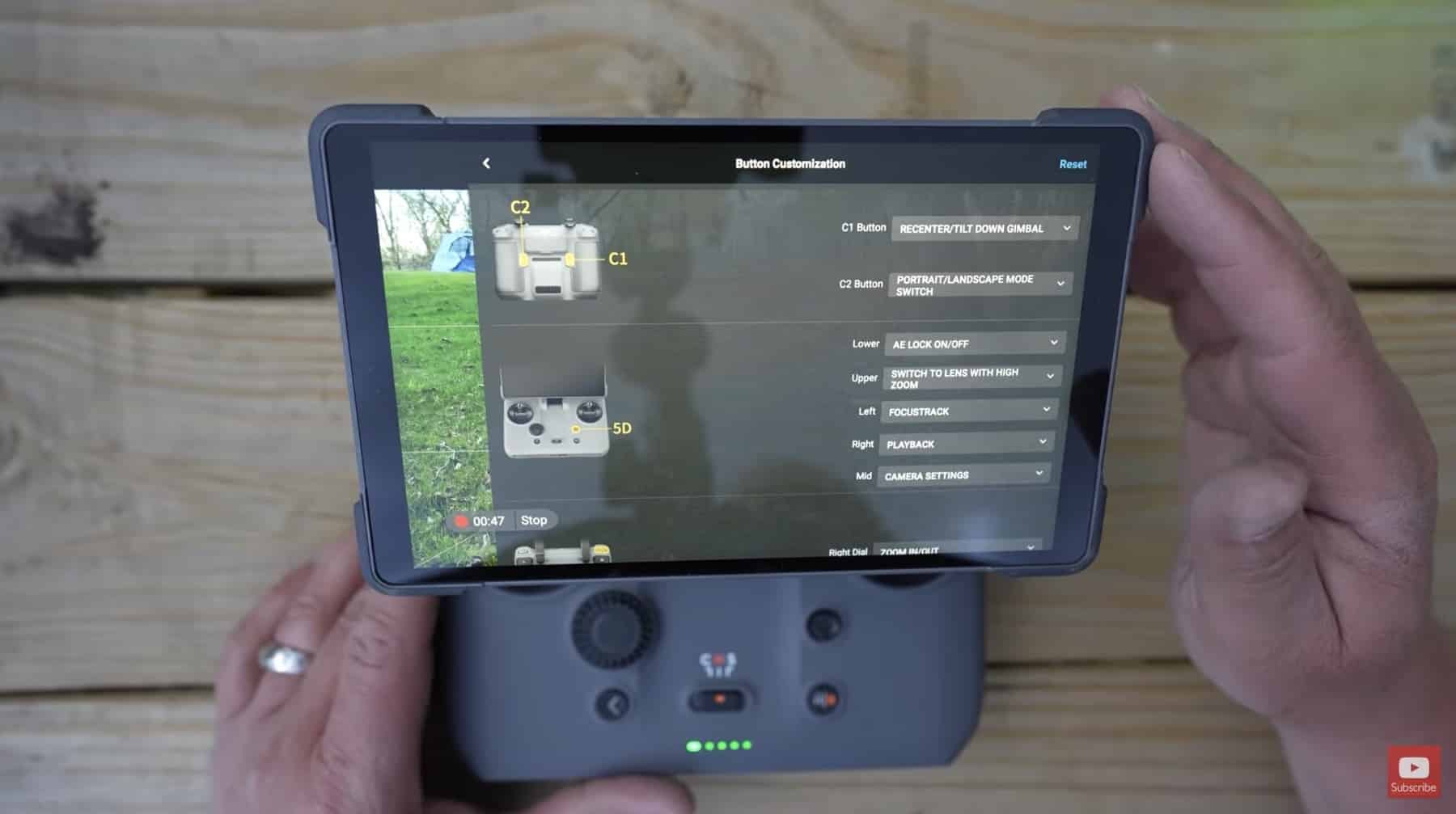 The button customisation menu open on the controller screen in DJI Fly.