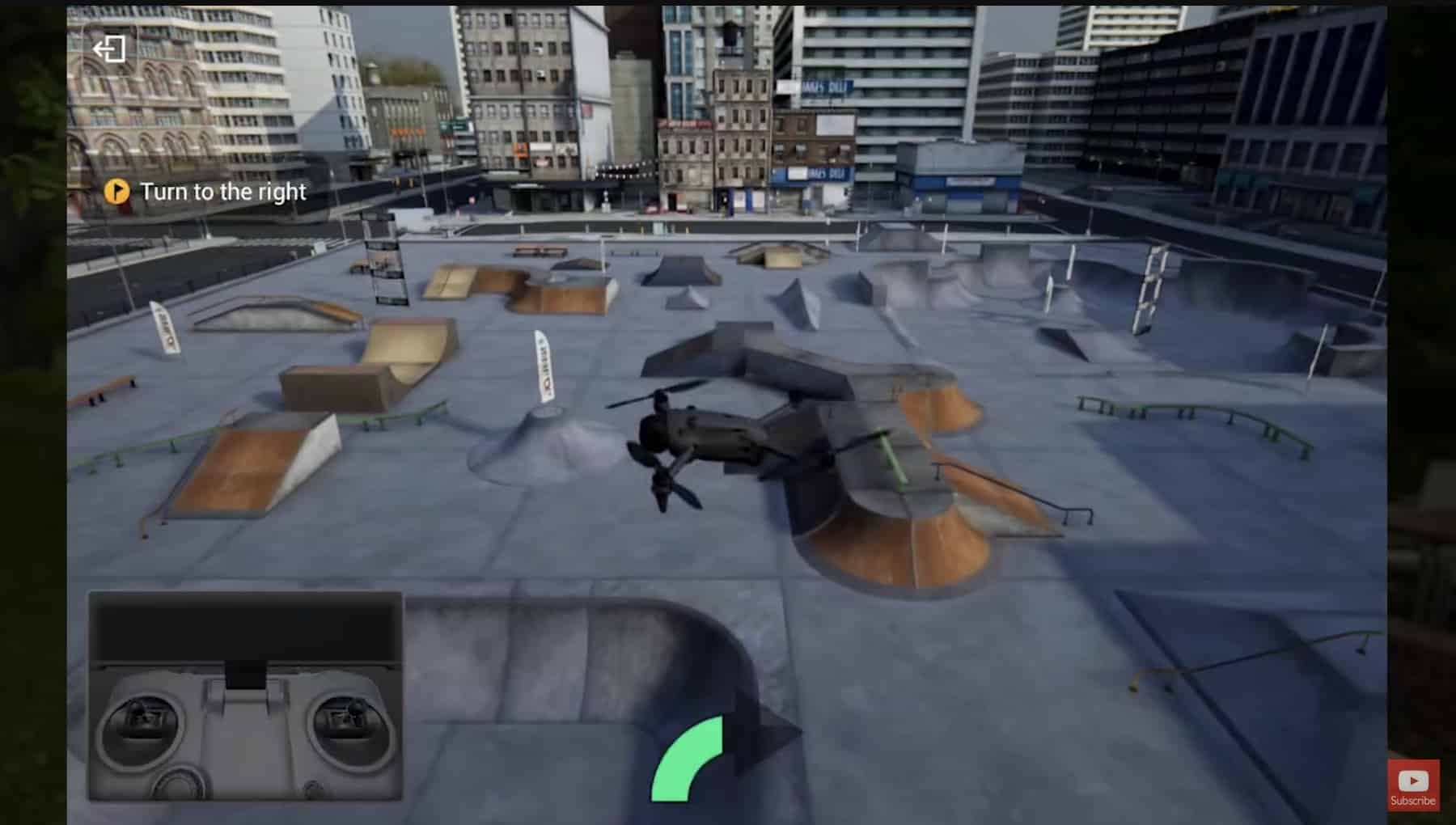 The built-in simulator flies a virtual drone over a skatepark training course.