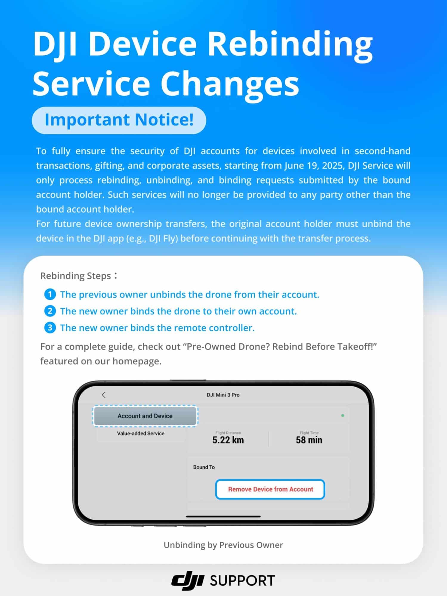 DJI support notice outlining the three rebinding steps for second-hand devices.