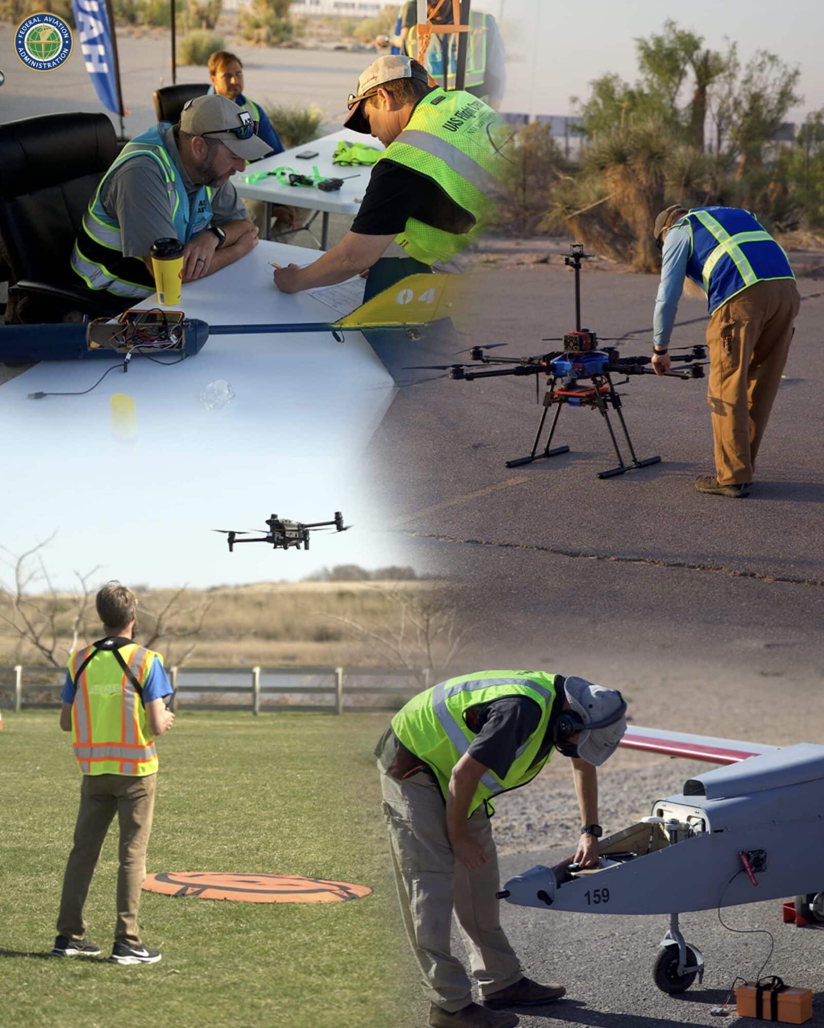 Collage of FAA crews preparing test drones at a desert range in New Mexico.