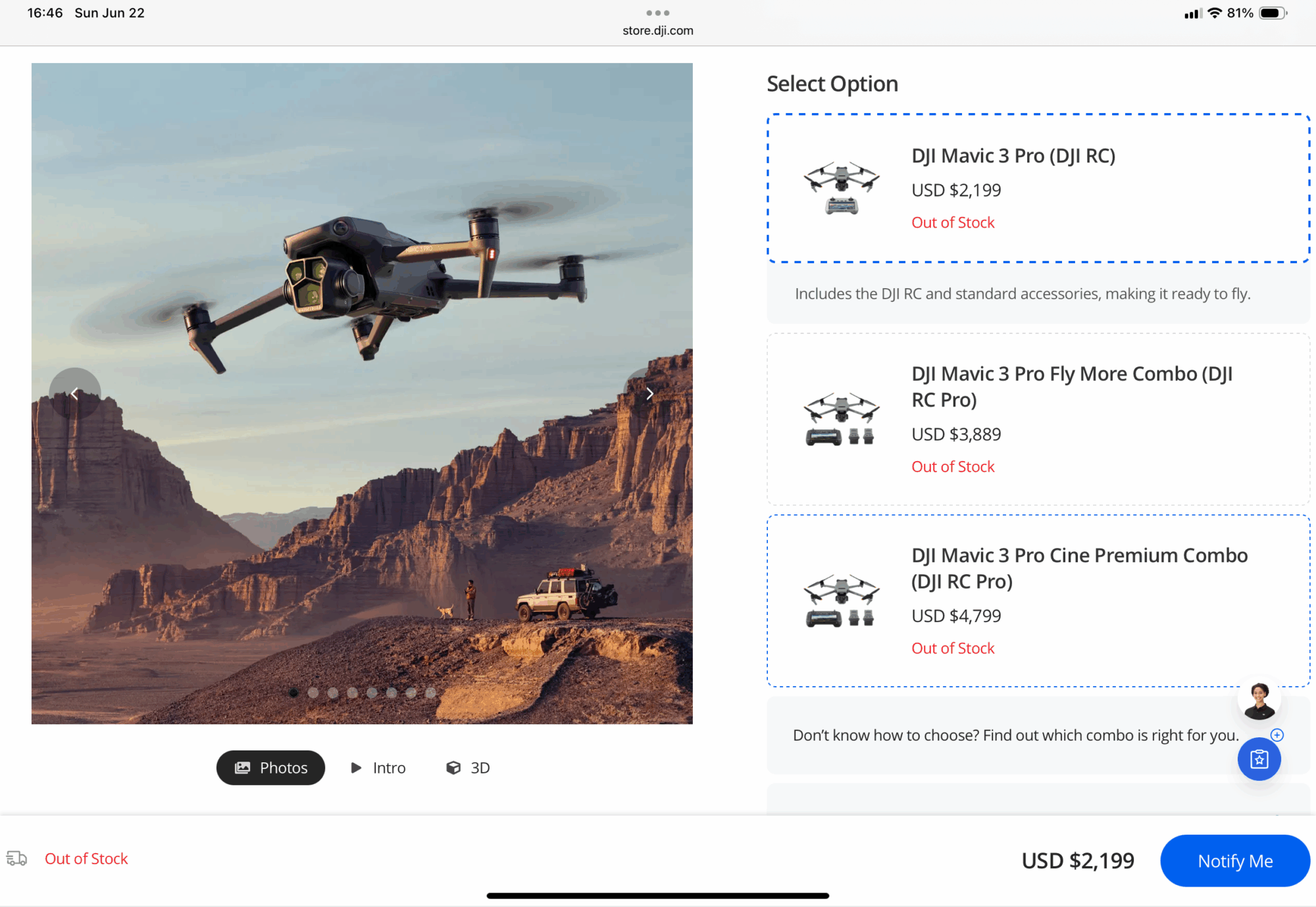 Screenshot of out-of-stock DJI drone listings during the June 2025 U.S. stock shortage.