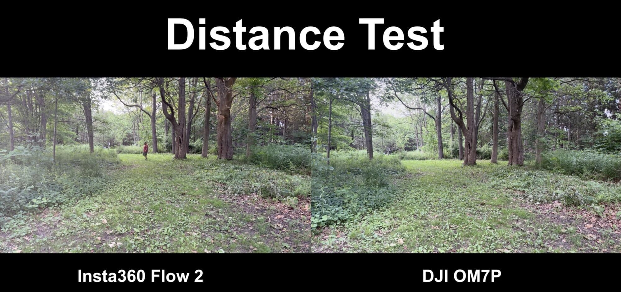Distance test split screen comparing Insta360 Flow 2 and DJI OM7P woodland framing.