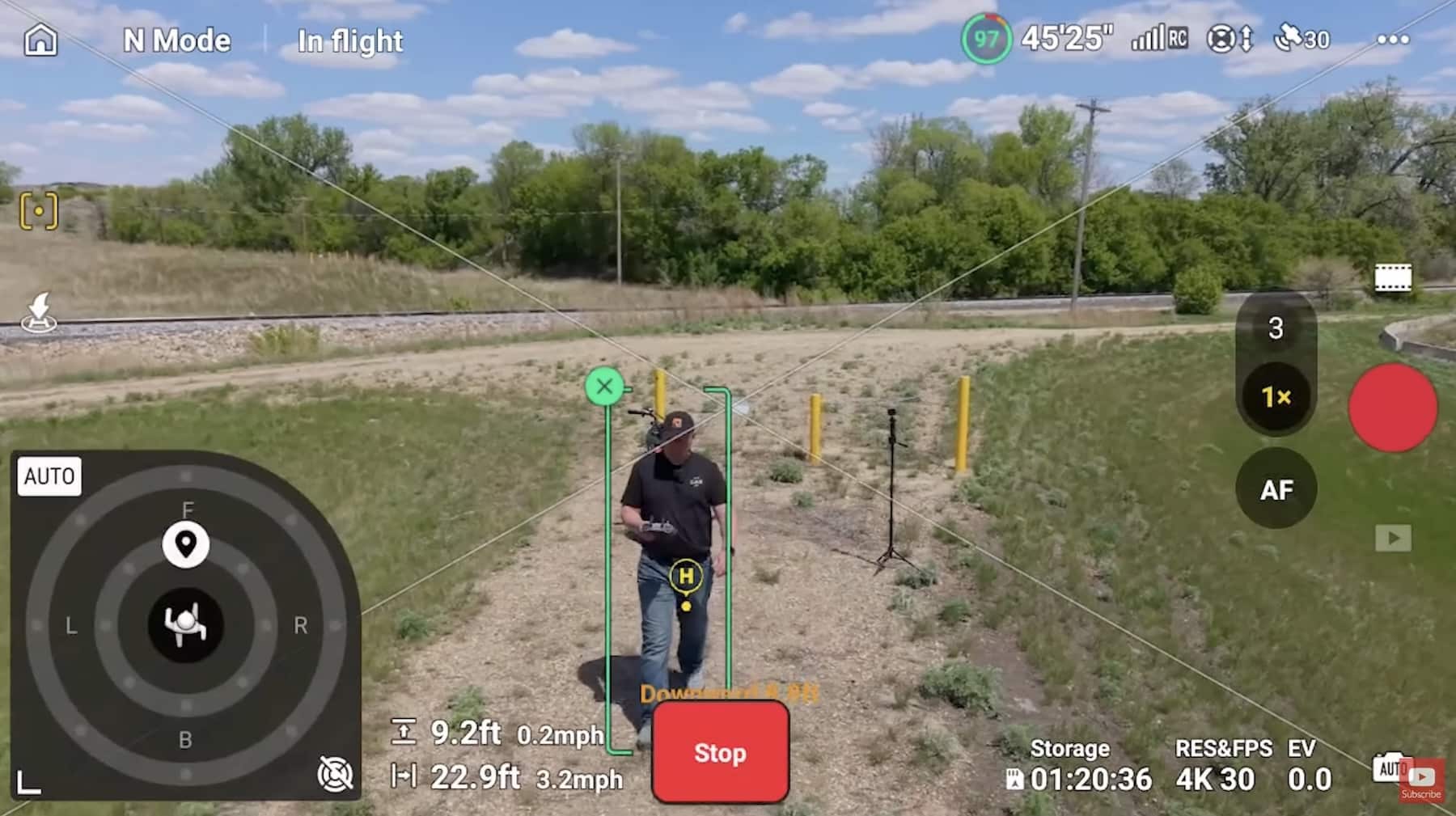 Flight app screenshot tracking a walking subject along a gravel path.