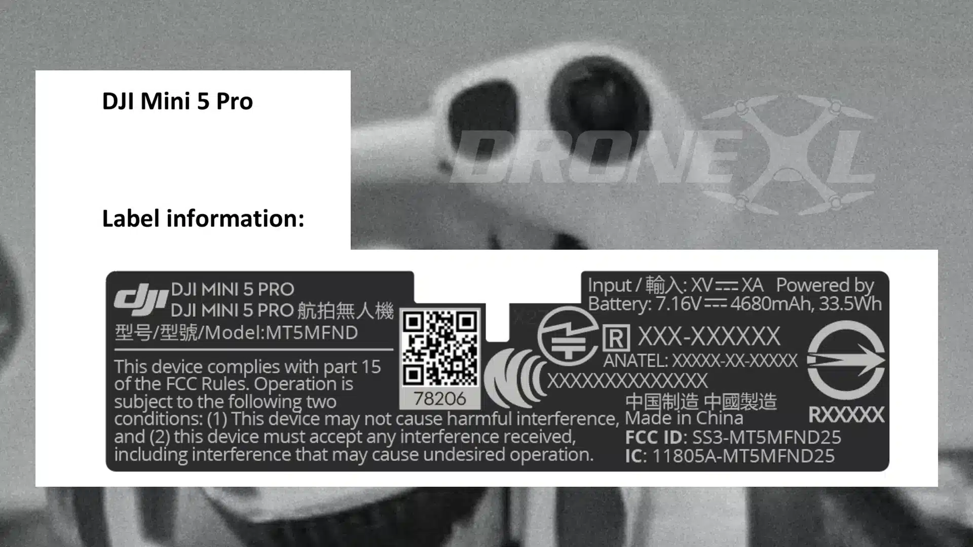 Close view of the Mini 5 Pro exposed gimbal arms and rumored one-inch camera.