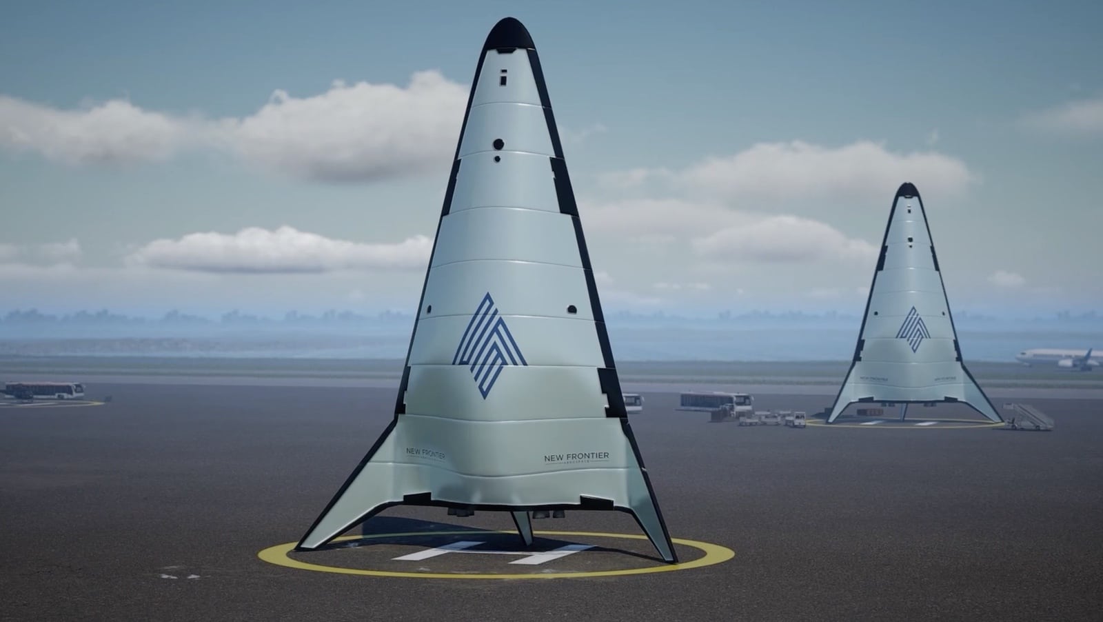 Rendering of two conical landing vehicles standing on a coastal pad.