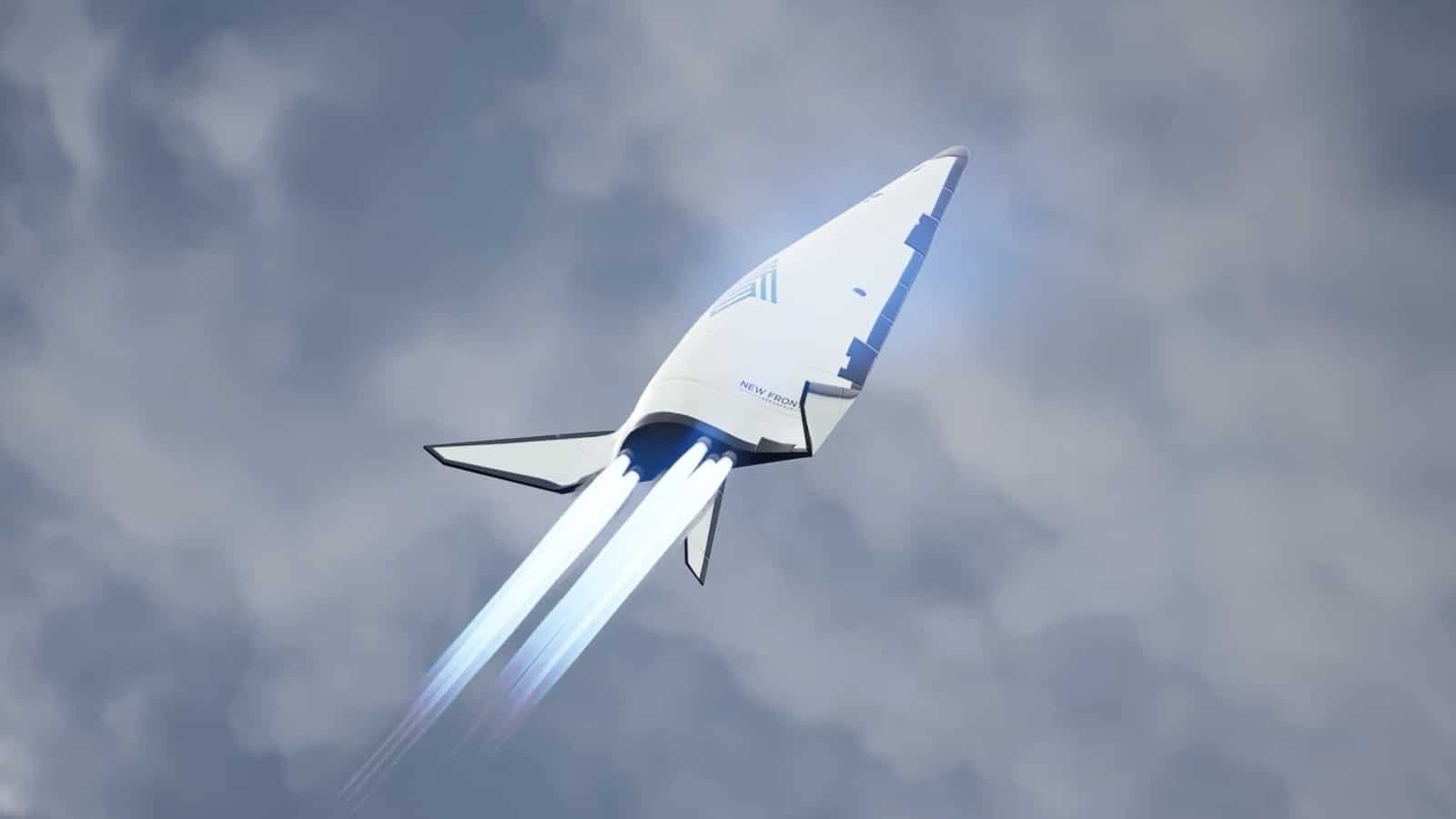 Rendering of a winged vehicle climbing through cloud on a bright plume.