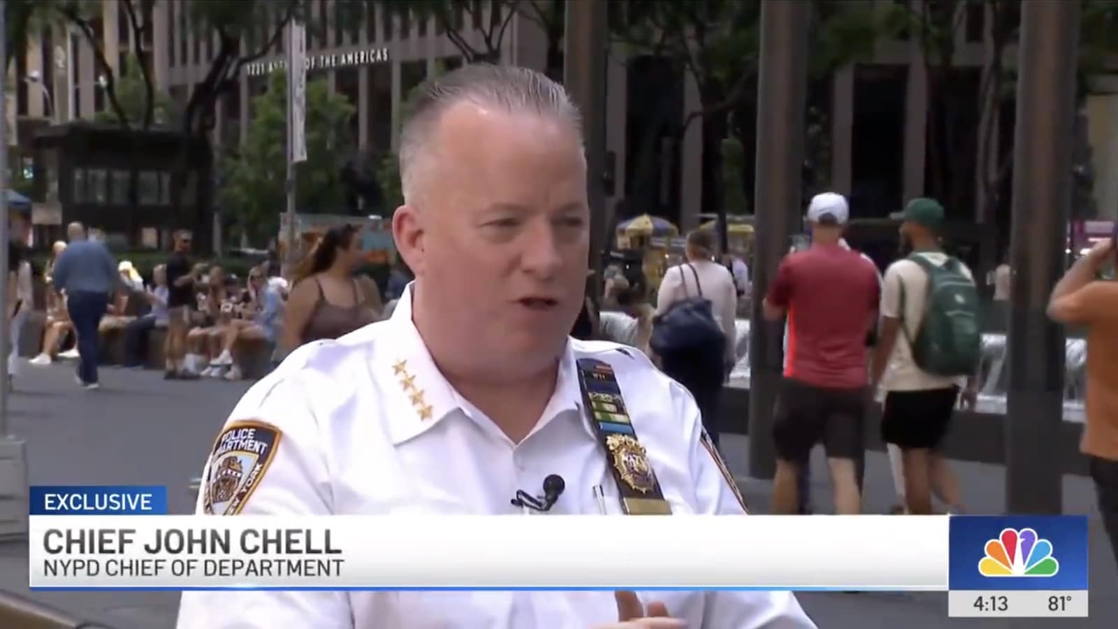 NYPD Chief of Department John Chell speaking during a street interview.