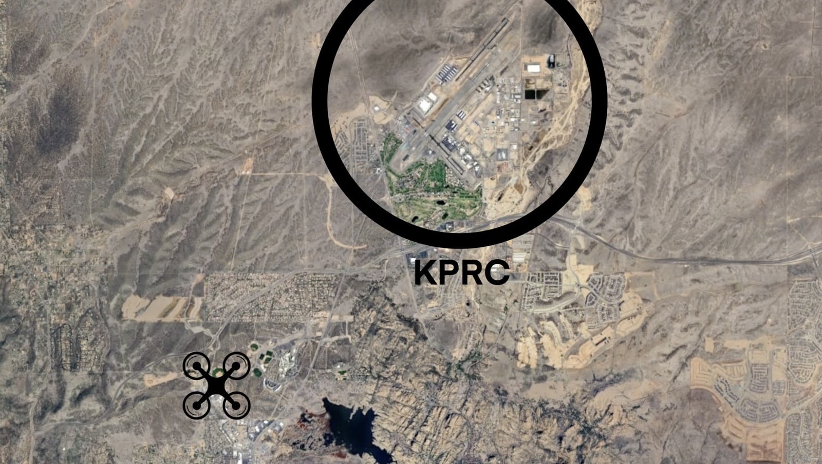Satellite map circling Prescott airport with a drone icon marking a nearby flight.