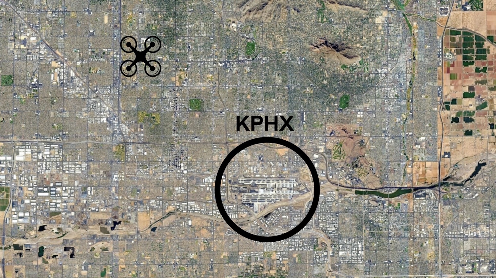 Satellite map circling Phoenix Sky Harbor with a drone icon plotted to the northwest.