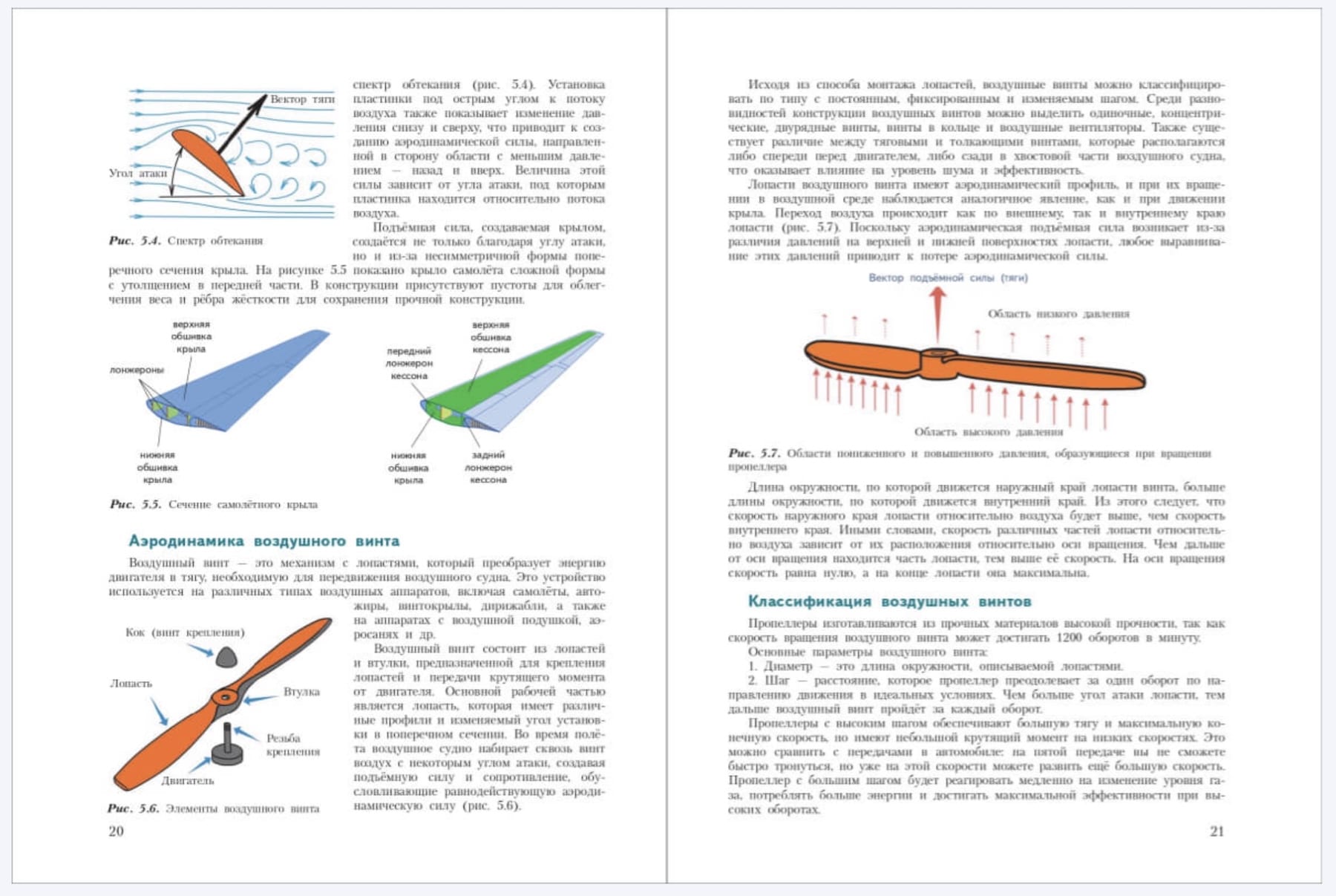 Open textbook pages diagramming propeller and wing aerodynamics in Russian.