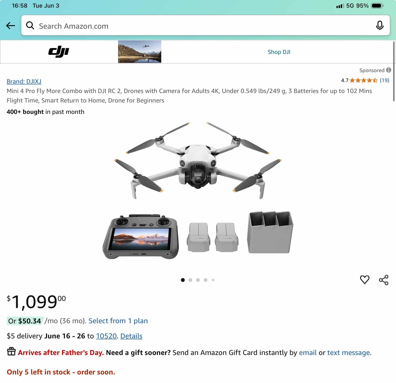 Screenshot of the Amazon listing showing the Fly More Combo at 1,099 dollars.