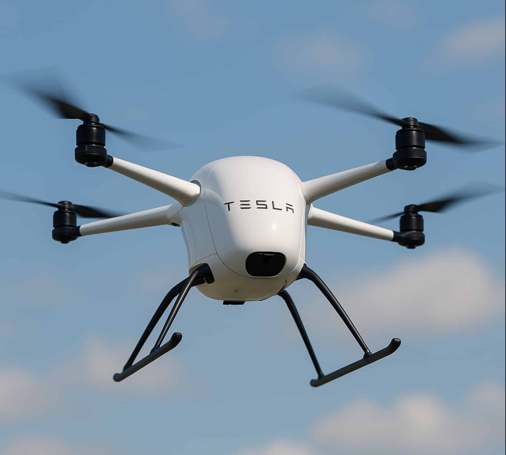 Illustration of a white quadcopter carrying Tesla branding against a blue sky.