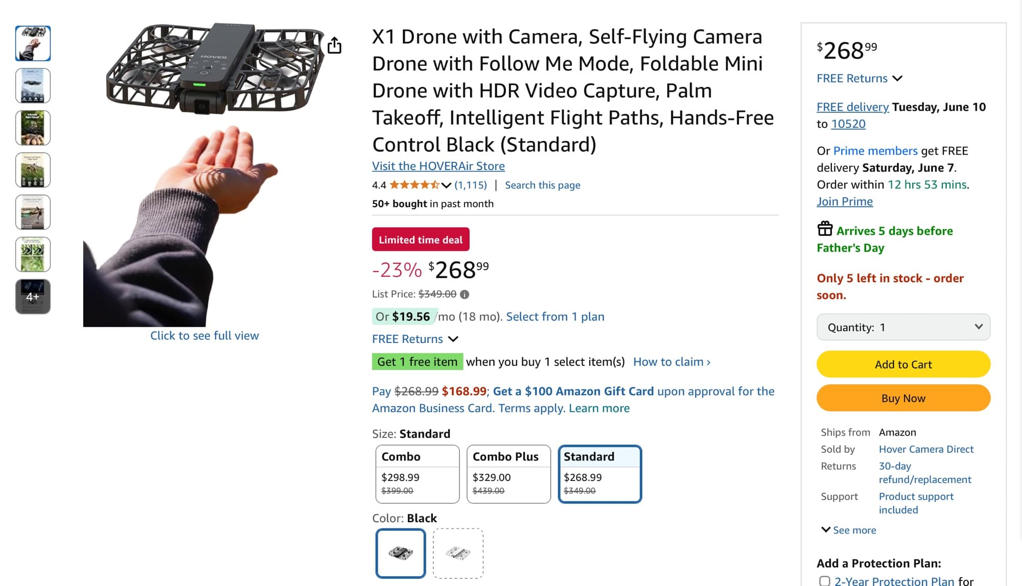Screenshot of the HoverAir X1 Amazon page marked down to $268.99.