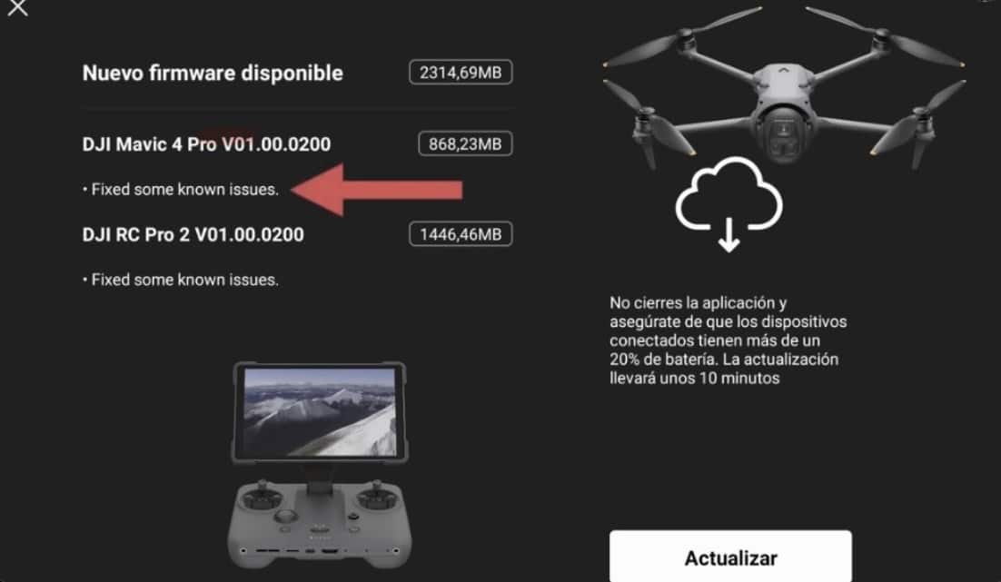 Screenshot of a Spanish-language firmware prompt listing V01.00.0200 for drone and controller.
